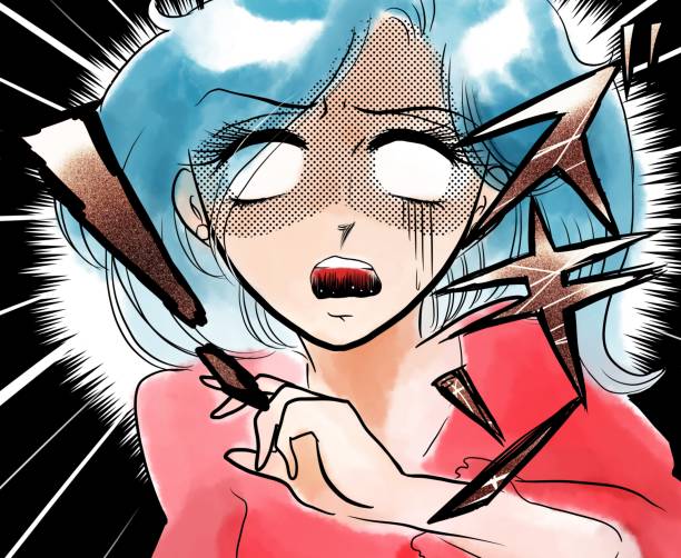 istock Horror illustration with a beautiful 70's shoujo manga blue haired girl scared and screaming. 1406003805