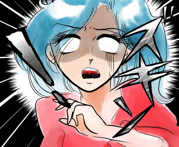 istock Horror illustration with a beautiful 70's shoujo manga blue haired girl scared and screaming. 1406003843