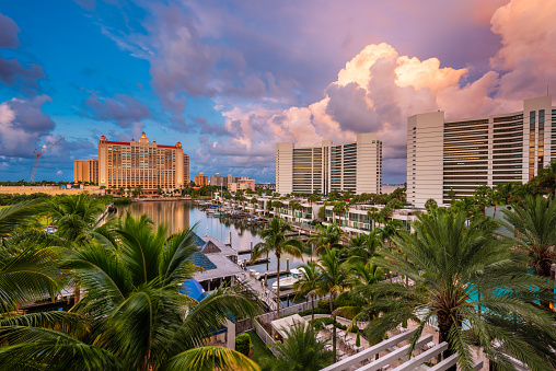 Sarasota, Florida, USA marina and resorts skyline at dawn.