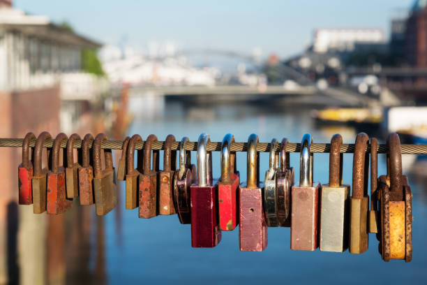 istock Love padlock on a bridge in Hamburg. 1406006139