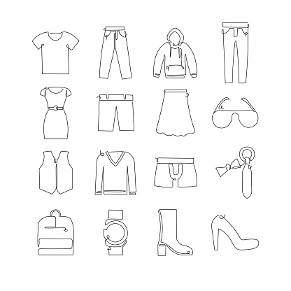 Clothes and Accessories Related Single Line Icons. Outline Symbol Collection