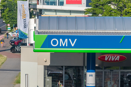 Bratislava, Slovakia - May 31, 2022: Logo of OMV. OMV is Austrian Mineral Oil Administration Stock Company.