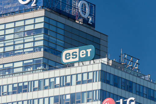 Bratislava, Slovakia - May 31, 2022: Logo of ESET on the headquarter office.