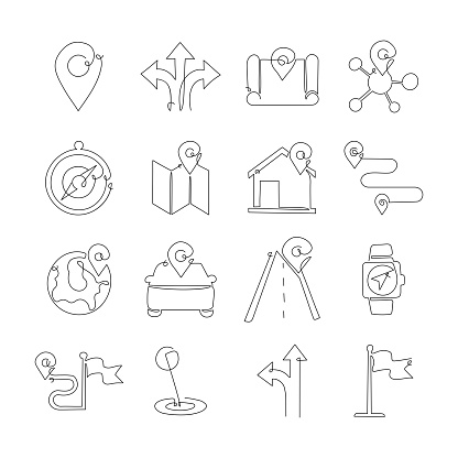 Map and Navigation Related Single Line Icons. Outline Symbol Collection