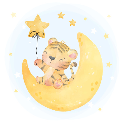 cute baby kid tiger sitting on crescent moon with star balloon, watercolor nursery animal cartoon painting vector