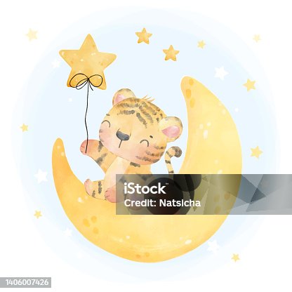 istock cute baby kid tiger sitting on crescent moon with star balloon, watercolor nursery animal cartoon painting vector 1406007426