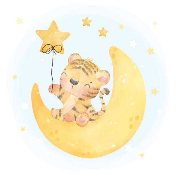 cute baby kid tiger sitting on crescent moon with star balloon, watercolor nursery animal cartoon painting vector cute baby kid tiger sitting on crescent moon with star balloon, watercolor nursery animal cartoon painting vector young animal stock illustrations