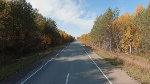 istock High-speed flight along the road and autumn forest 1406008033
