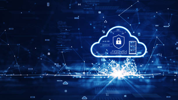 concepto de tecnología de computación en la nube y de borde. hay un icono de nube grande prominente a la derecha. hay polígonos interconectados y pequeños iconos sobre un fondo azul oscuro. - cloud computer equipment using computer security fotografías e imágenes de stock