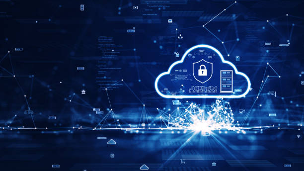 클라우드 및 엣지 컴퓨팅 기술 개념. 오른쪽에 눈에 띄는 큰 구름 아이콘이 있습니다. 진한 파란색 배경에 상호 연결된 다각형과 작은 아이콘이 있습니다. - encryption security network server network security 뉴스 사진 이미지