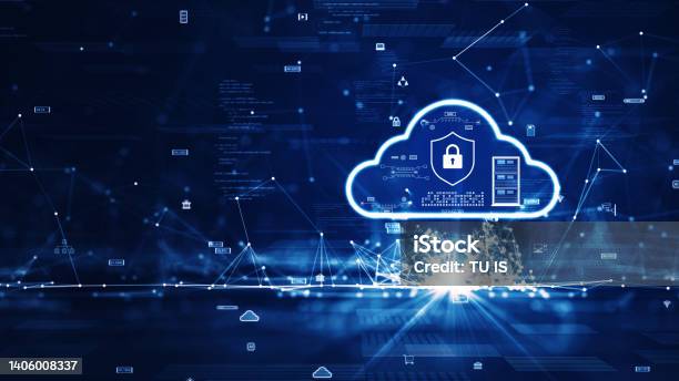 Cloud And Edge Computing Technology Concept There Is A Prominent Large Cloud Icon On The Right There Are Interconnected Polygons And Small Icons On A Dark Blue Background Stock Photo - Download Image Now