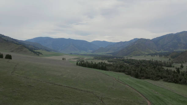 istock Rural fields and mountains under blue sky with white clouds in Altai 1406008483