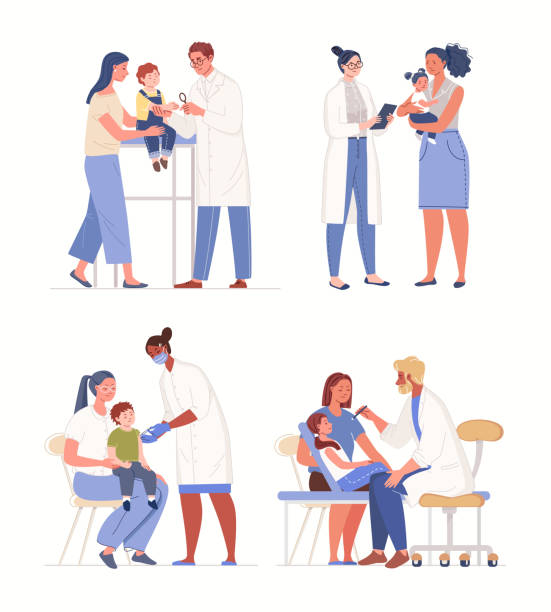 Consultation of Parents on Children's Diagnostics. Set of scenes from children visiting doctor. Consultation of parents on children's diagnostics. Friendly medical workers with little patients. Vector characters flat cartoon illustrations. dermatologist stock illustrations