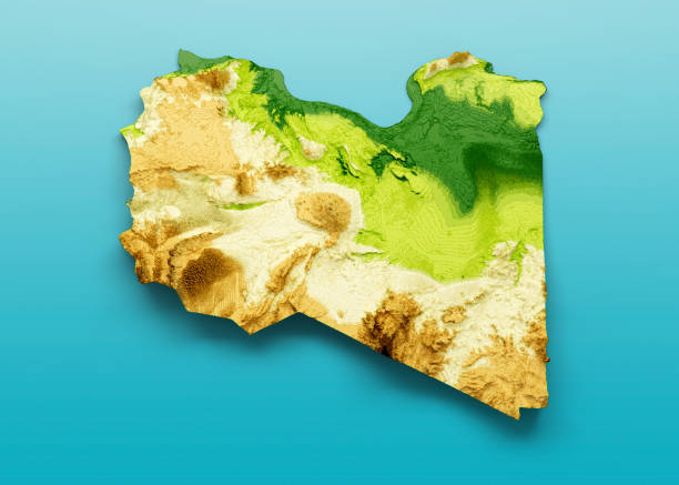 Libya Map Shaded relief Color Height map on the sea Blue Background 3d illustration