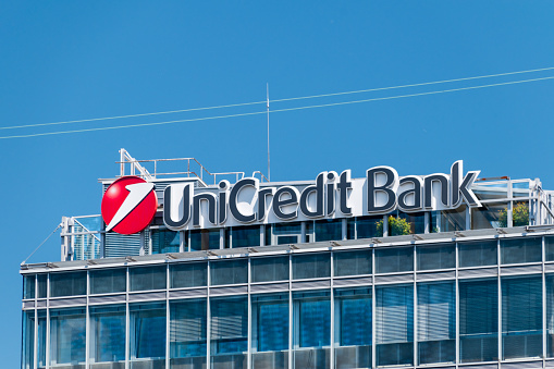 Bratislava, Slovakia - May 31, 2022: Logo and sign of UniCredit, international banking group headquartered in Milan.