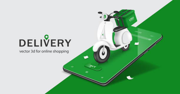 grüne lebensmitteltasche oder -box wird auf einem weißen motorrad oder roller und alles auf dem smartphone platziert - eilzustellung stock-grafiken, -clipart, -cartoons und -symbole