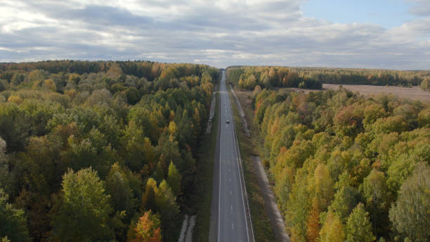 istock Asphalt road with traffic cars between forest in Ural 1406009823