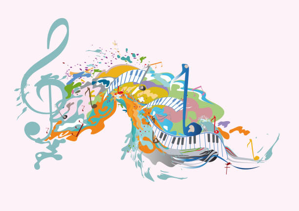 ilustrações de stock, clip art, desenhos animados e ícones de abstract musical design with a treble clef and colorful splashes, notes and waves.  colorful treble clef. - guitar illustration and painting abstract pattern