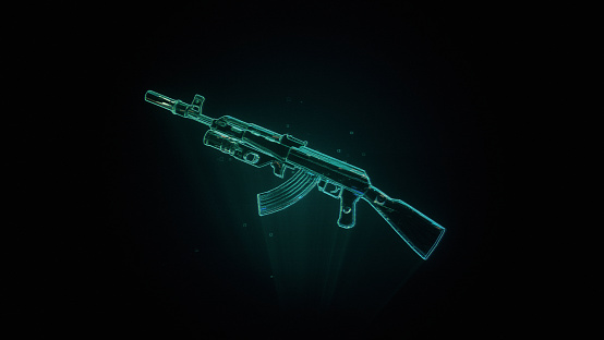 AK-47 rifle with 40mm GP-25 grenade launcher hologram on black background