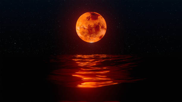 Rising Mars and water waves at night against stars
