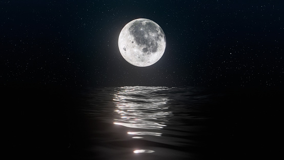 Rising Moon against water waves at night. 3D render