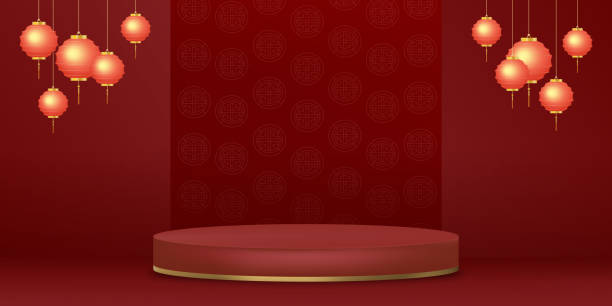 ilustrações de stock, clip art, desenhos animados e ícones de chinese new year 2023 background 3d studio room with gold lantern hanging on red lunar wallpaper background,vector luxury design for mid autumn festival with asian art style for backdrop presentation - chinese lantern chinese new year paper lantern chinese national day