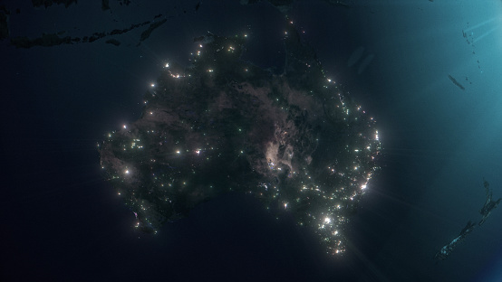 Shining city lights of Italy seen from space.  3D render