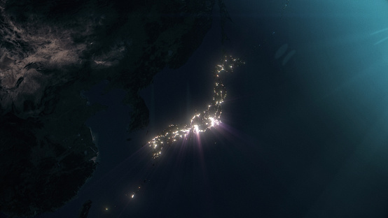 Shining city lights of Japan seen from space. 3D render