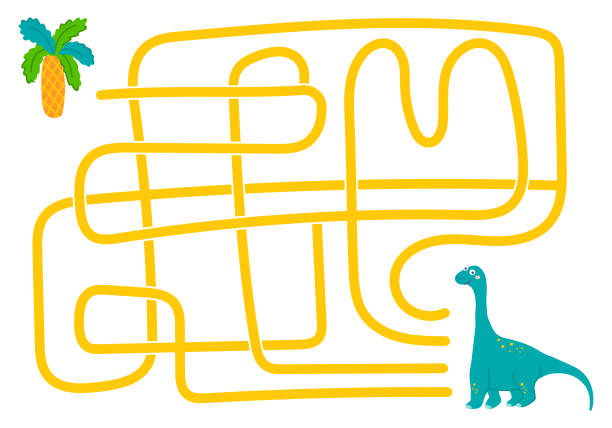 labyrinth, hilf dem pflanzenfressenden dinosaurier, den richtigen weg zur palme zu finden. logische suche nach kindern. süße illustration für kinderbücher, lernspiel - rainforest palm tree leaf plant stock-grafiken, -clipart, -cartoons und -symbole
