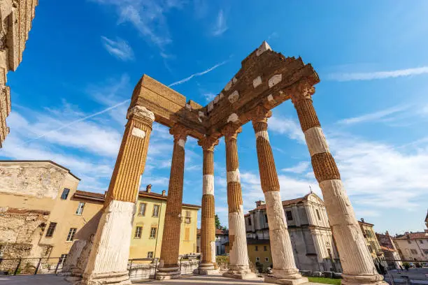 Ancient ruins of the Roman Temple in Brescia downtown, Capitolium (Tempio Capitolino), 73 AC, UNESCO world heritage site, Lombardy, Italy, Europe.