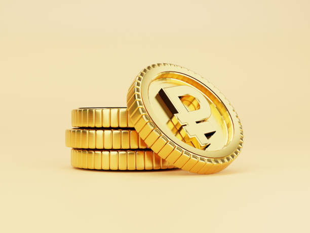 istock Isolation of Golden Russian Ruble coins stacking on yellow background by 3d render. 1406016755