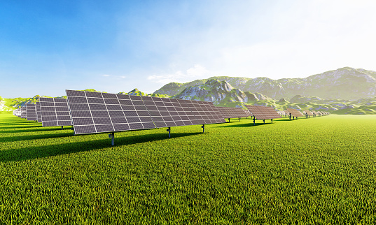 Solar power station with solar panels for producing electric power energy by green power from aerial view. Technology and electrical industrial power plant concept. 3D illustration rendering
