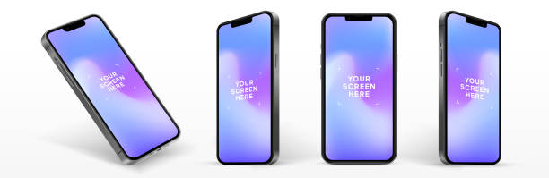 realistisches smartphone-mockup isoliert mit transparenten bildschirmen. smartphone-mockup-sammlung. vorderseite des geräts. 3d-handy mit schatten auf weißem hintergrund. realistischer, flacher und linienförmiger stil - vorlagen stock-grafiken, -clipart, -cartoons und -symbole