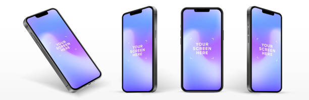 realistic smartphone mockup isolated with transparent screens. smart phone mockup collection. device front view. 3d mobile phone with shadow on white background. realistic, flat and line style - iphone stock illustrations