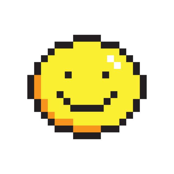 ilustracja wektorowa uroczej ikony uśmiechniętej twarzy pixel art - nerd technology old fashioned 1980s style stock illustrations