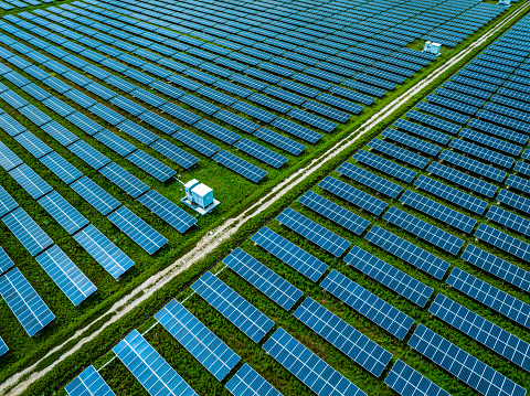Solar farm.High angle view of rows of solar panels