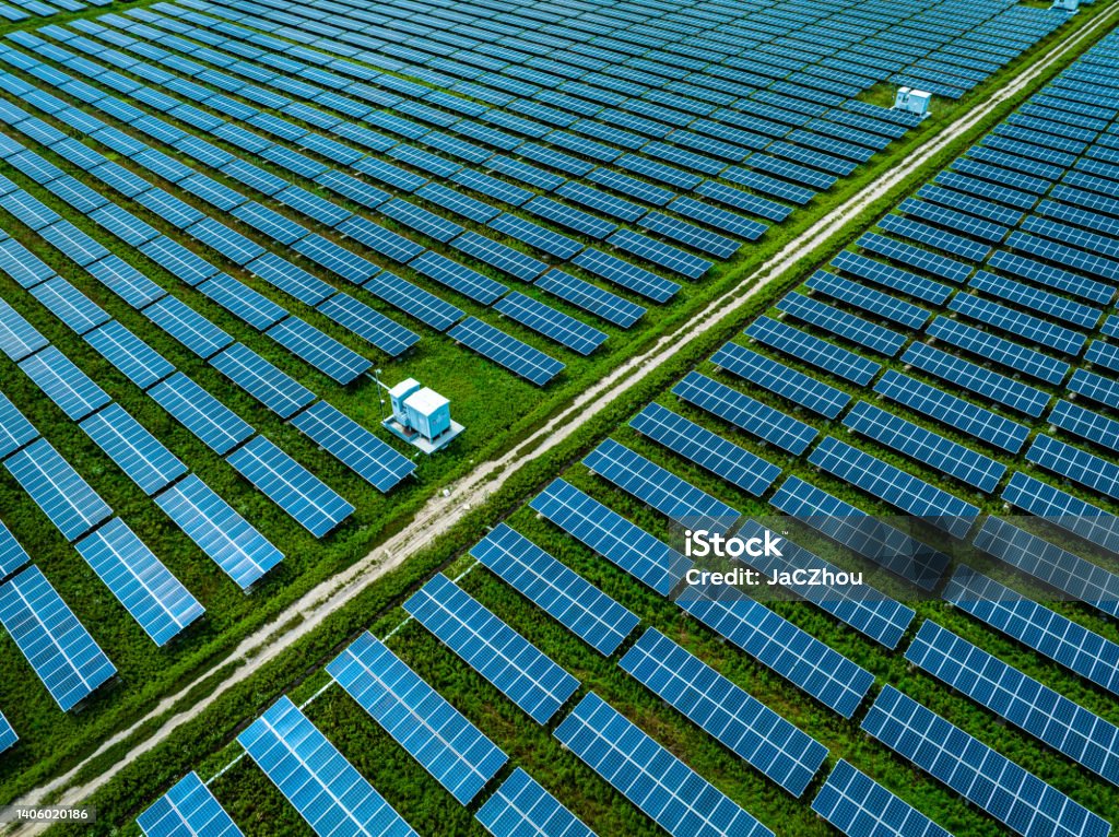 Rows of solar panels Solar farm.High angle view of rows of solar panels Battery Stock Photo