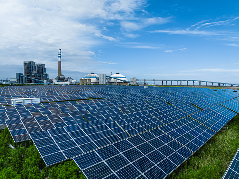 Solar farm.High angle view of rows of solar panels