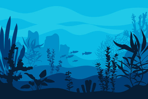 ilustrações de stock, clip art, desenhos animados e ícones de vector ocean world. deep seascape with seaweeds, fish and corals. aquatic ecosystem. blue background. - starting at the bottom