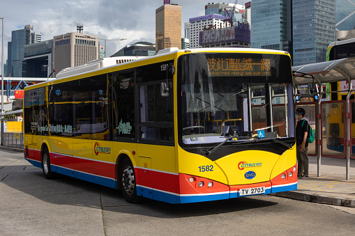Hong Kong - June 29, 2022 : Citybus BYD K9R electric bus in Central, Hong Kong.