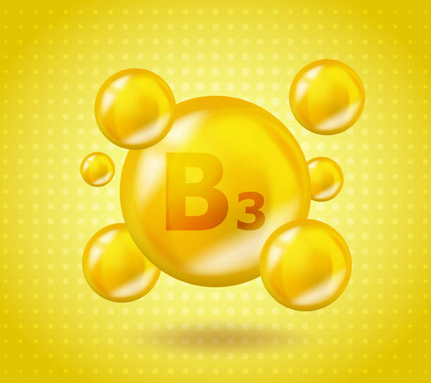 Realistic B3 Vitamin Niacin design. Yellow nutrition illustration concept. 3D Vitamin complex B3 Niacin design. Drop pill capsule. Realistic B3 Vitamin Niacin design. Yellow nutrition illustration concept. 3D Vitamin complex B3 Niacin design. Drop pill capsule for beauty, cosmetic, heath advertising. vitamin b 3 stock illustrations