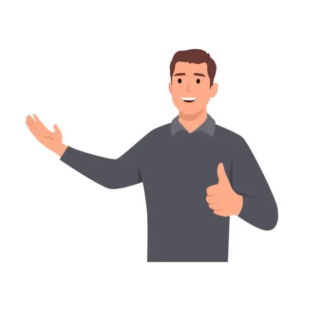 Vector illustration of Young man presenting and showing thumbs up OK sign cartoon character