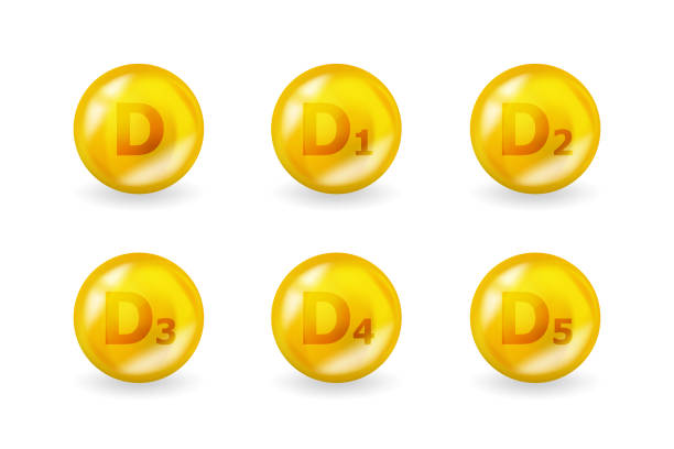 набор витаминного комплекса d. витамин d1, d2, d3, d4, d5 и другие. концепция иллюстрации поливитаминного дополнения. желтый мультивитаминный диза - d3 stock illustrations