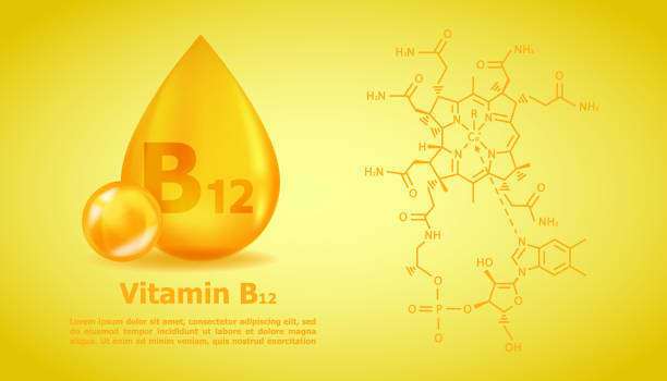 illustrations, cliparts, dessins animés et icônes de goutte de vitamine b12 cyanocobalamine réaliste avec formule chimique structurelle. 3d molécule de vitamine b12 cyanocobalamine conception. déposer la capsule de pilule. - pill vitamin b vitamin pill orange