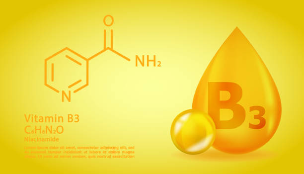 ilustraciones, imágenes clip art, dibujos animados e iconos de stock de realista b3 nicotinamida vitamina gota con fórmula química estructural. diseño de nicotinamida de la molécula de vitamina b3 3d. gota de la cápsula de la píldora. - vitamina b 3