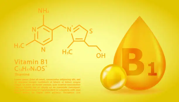Vector illustration of Realistic B1 Thiamine Vitamin drop with structural chemical formula. 3D Vitamin molecule B1 Thiamine design. Drop pill capsule.