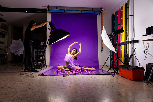 Photo studio, behind-the-scenes session with dancer
