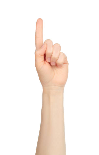istock Woman hand shows virtual touching, on white background 1406024598