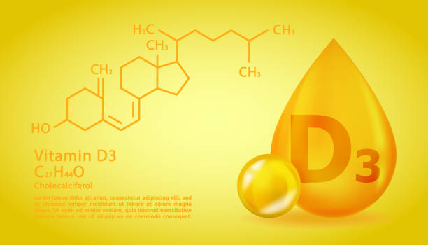 реалистичная d3 холекальциферол витаминная капля со структурной химической формулой. 3d молекула витамина d3 холекальциферол дизайн. капля т - d3 stock illustrations