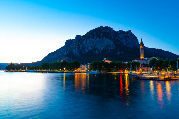 The city of Lecco photographed in the evening. stock photo
